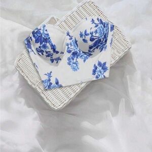 White Bustier Top with Blue Floral Print